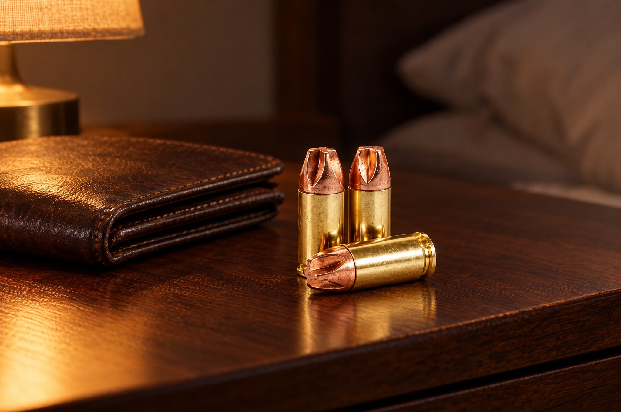 Lehigh Defense review: 9mm 90 gr Xtreme Defense fluted solid copper cartridges on a walnut nightstand beside a wallet