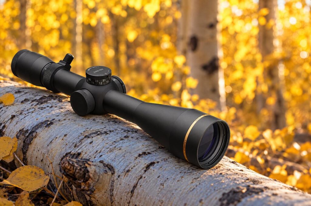 Leupold VX-4HD 4-16x50 CDS-ZL2 side focus riflescope lying on a fallen aspen log in a golden autumn grove