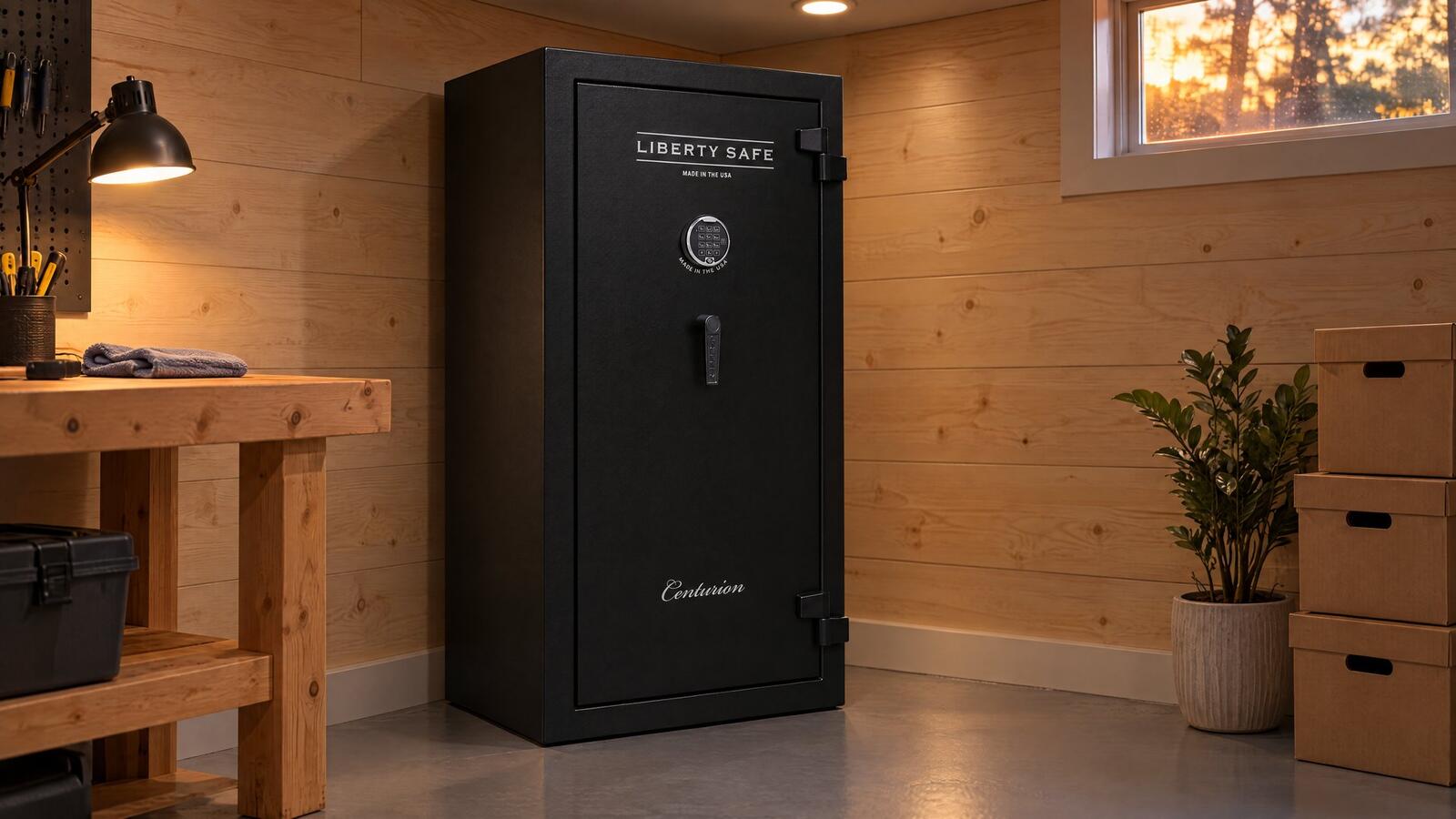 Black Liberty Centurion 24 gun safe with an electronic keypad standing in the corner of a finished basement beside a workbench