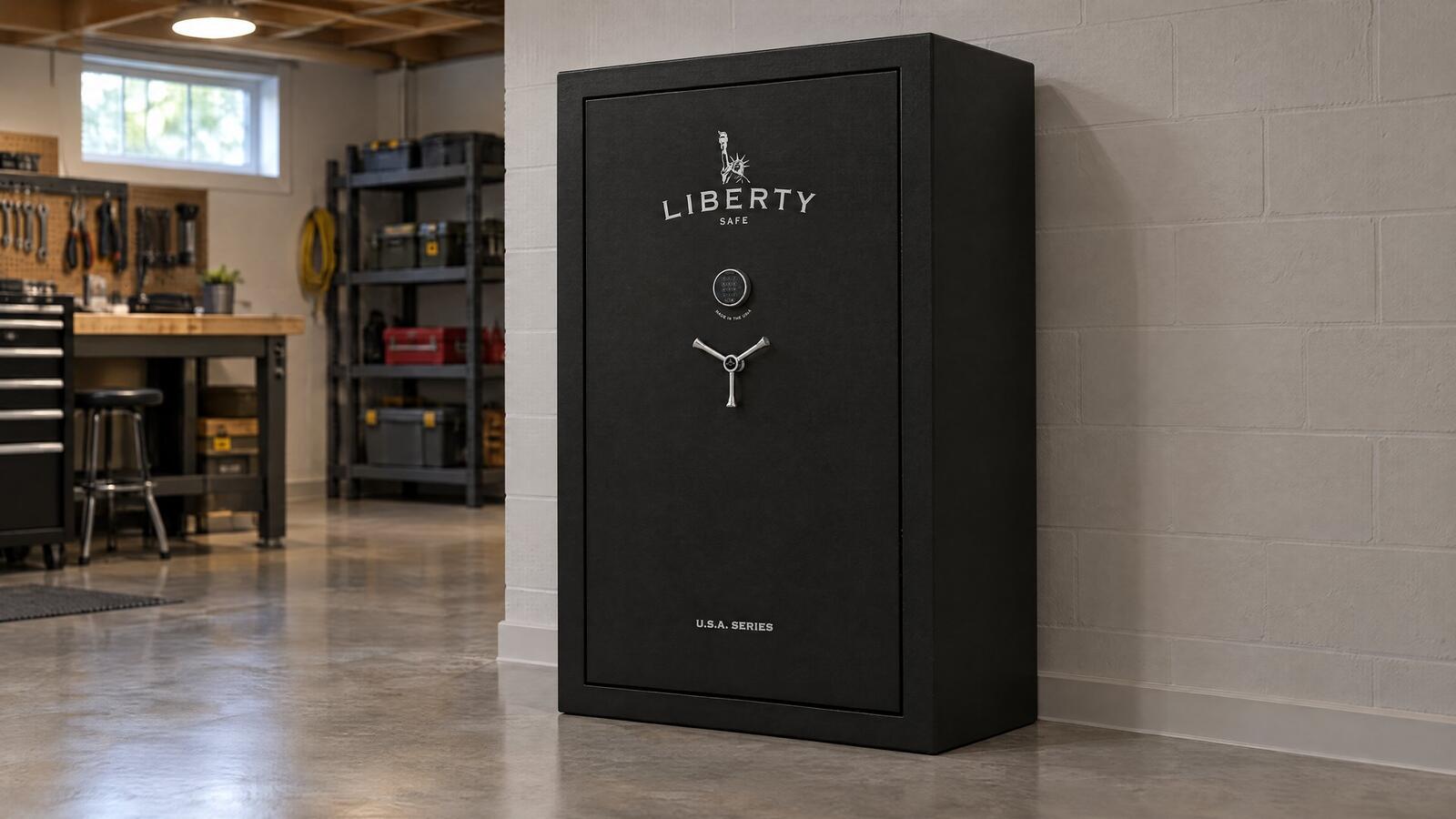 Black Liberty USA 50 gun safe standing against a wall in a finished basement with a workbench behind it