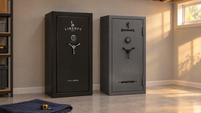 Liberty USA Series and Browning Sporter gun safes side by side in a finished basement