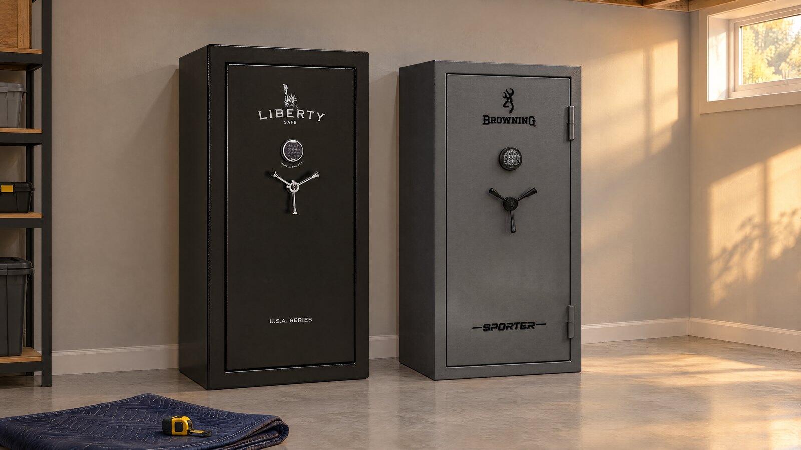 Liberty USA Series and Browning Sporter gun safes side by side in a finished basement