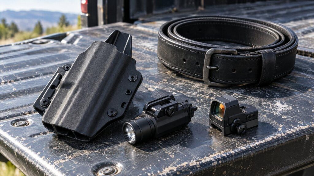 An empty Kydex light-bearing holster next to a pistol weapon light, a micro red dot and a leather gun belt on a truck tailgate