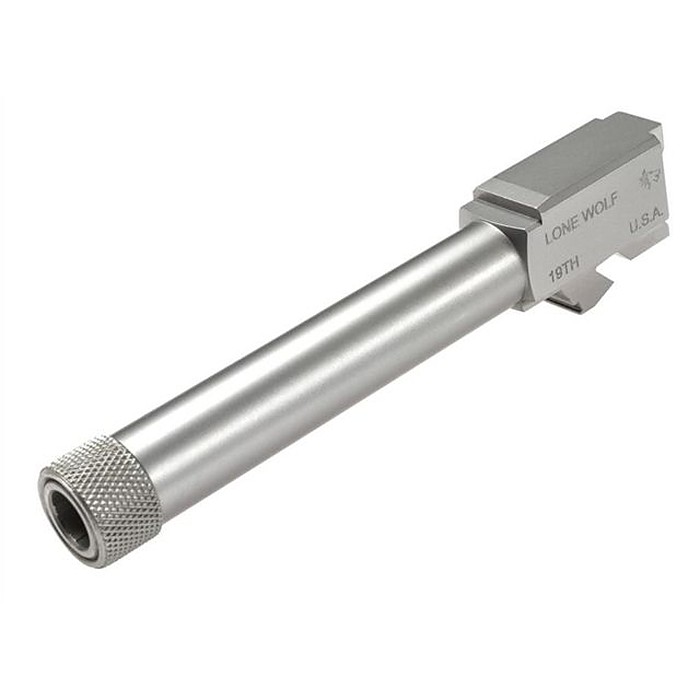 Lone Wolf LWD stainless threaded barrel for the Glock 19 with a knurled thread protector