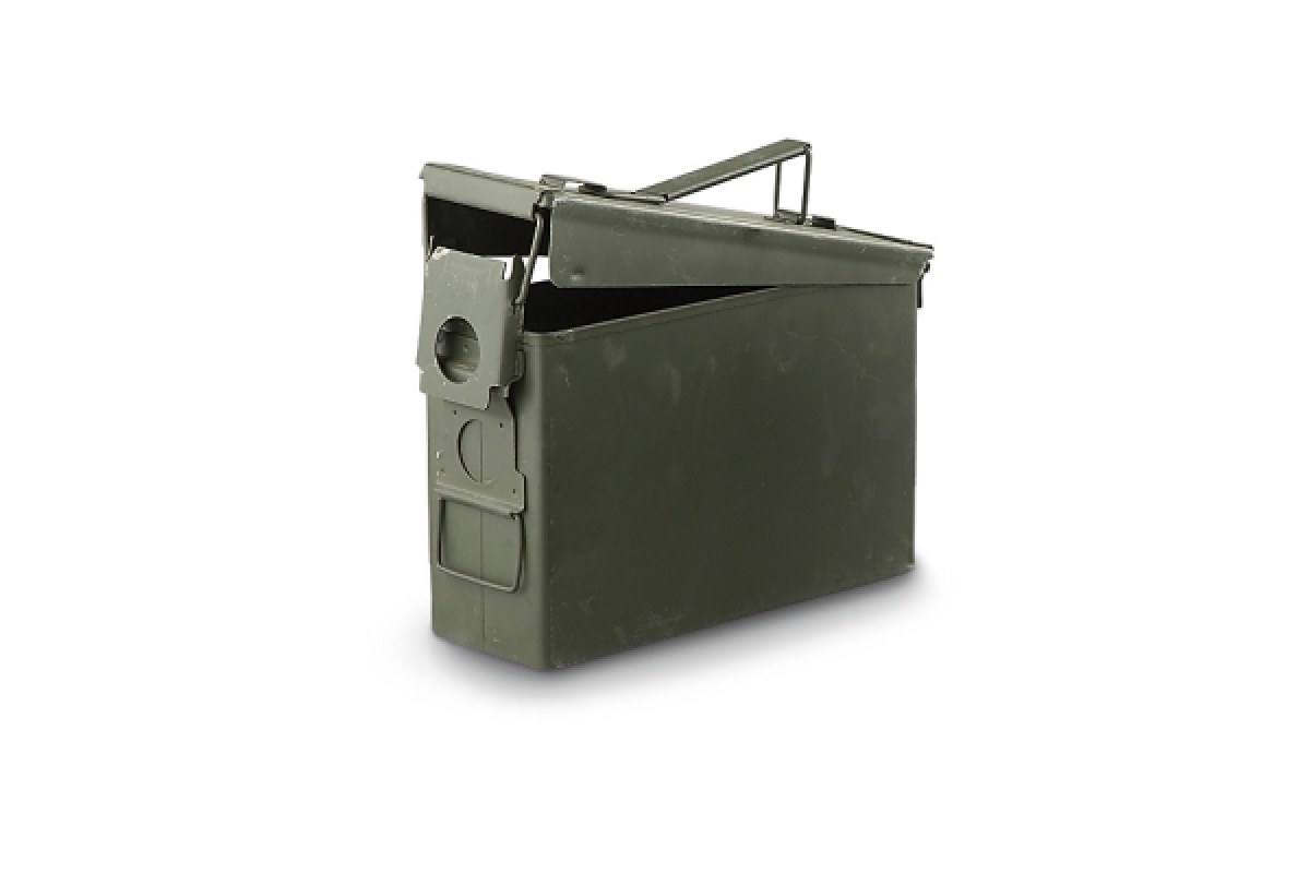 Open M19A1 .30 caliber steel military ammo can with lid raised