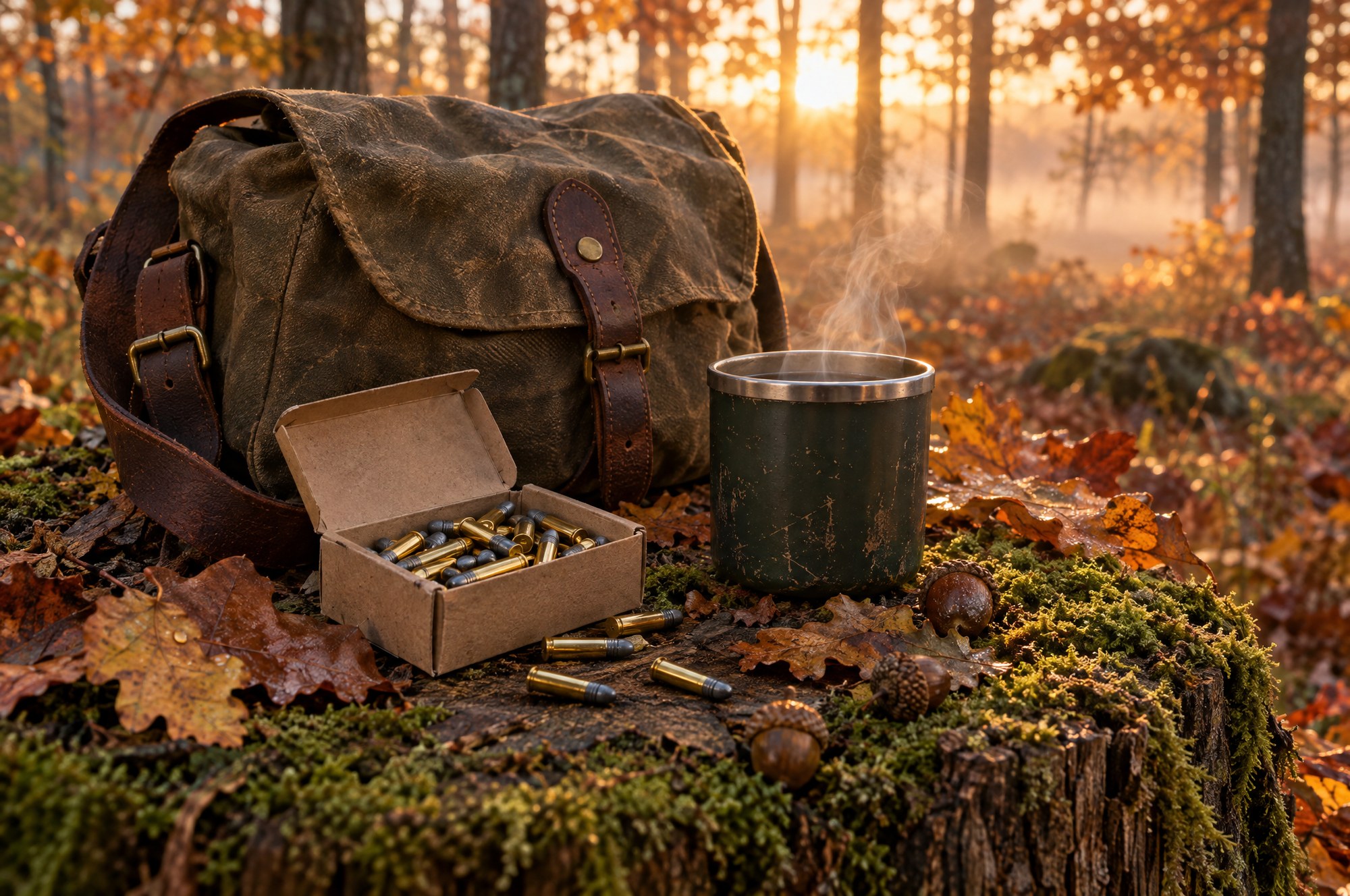 Box of .22 Long Rifle cartridges, a canvas game bag and fallen oak leaves on a stump in the woods at dawn