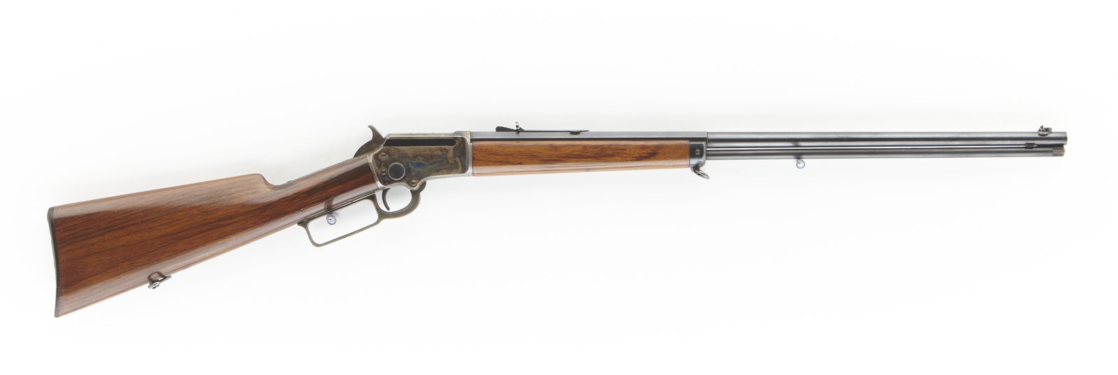 Antique Marlin Model 1897 .22 lever-action rifle with straight-grip walnut stock and case-hardened receiver