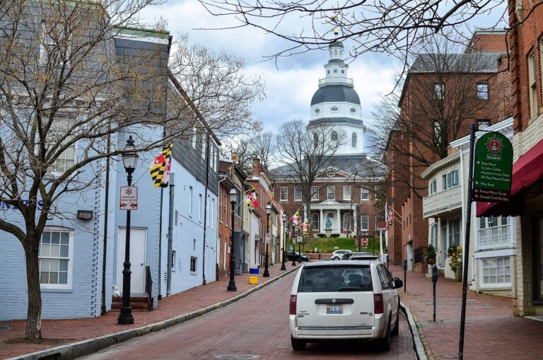The Maryland State House dome at the top of Francis Street in Annapolis, with Maryland flags on the buildings