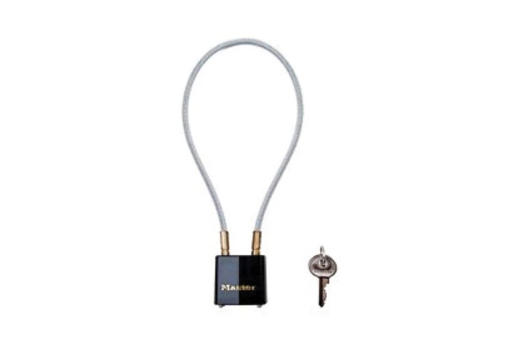Master Lock 99DSPT 14 inch steel cable gun lock with laminated padlock and key
