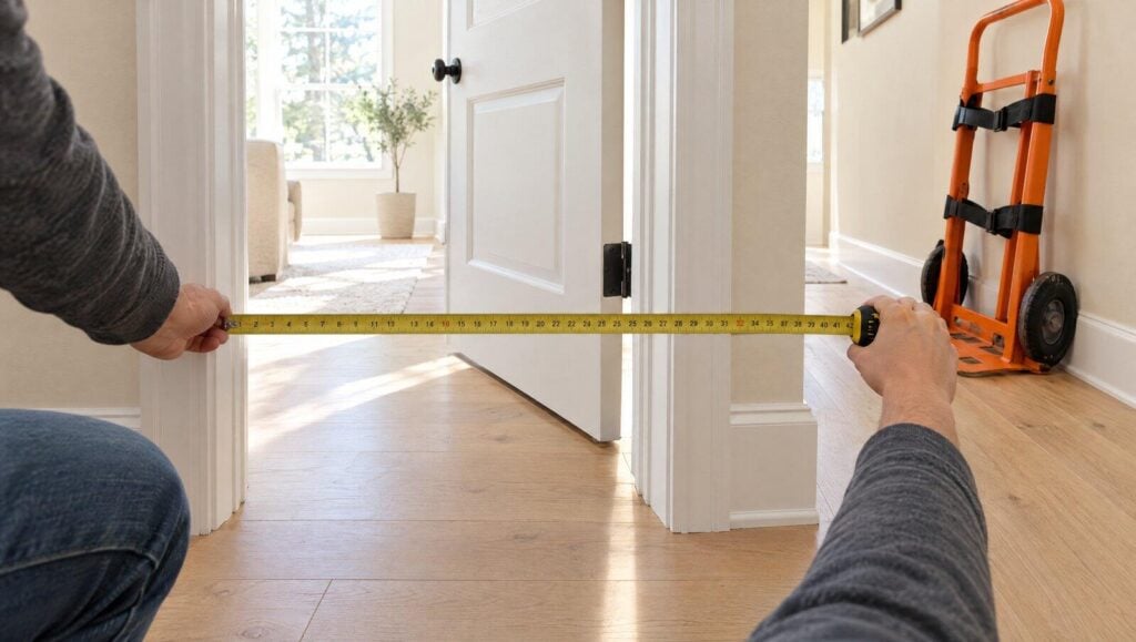 Hands measuring the width of an interior doorway with a tape measure, an empty hand truck against the hallway wall