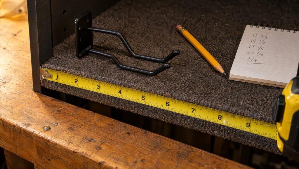 Tape measure across a carpeted gun safe shelf with handwritten measurements on a notepad