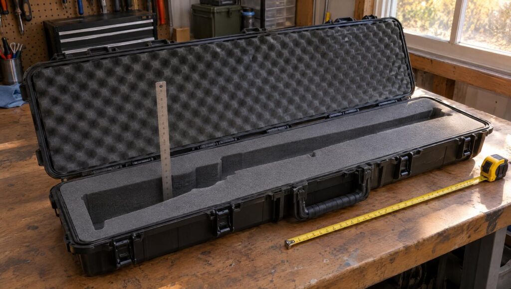 Open empty hard rifle case with a steel ruler measuring the foam depth and a tape measure beside it