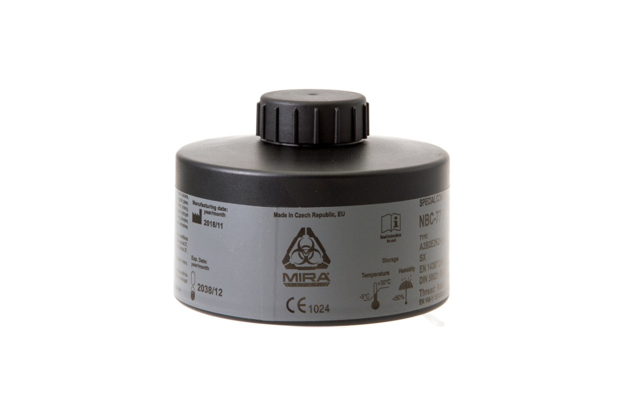 NBC-77 SOF 40mm gas mask filter label with manufacturing and expiry dates