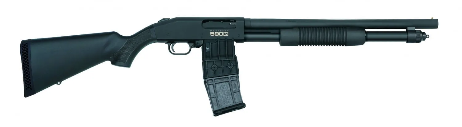 Mossberg 590M Mag-Fed 50205 left side with MOSSBERG 590M on the receiver and the box magazine fitted, Mossberg photo