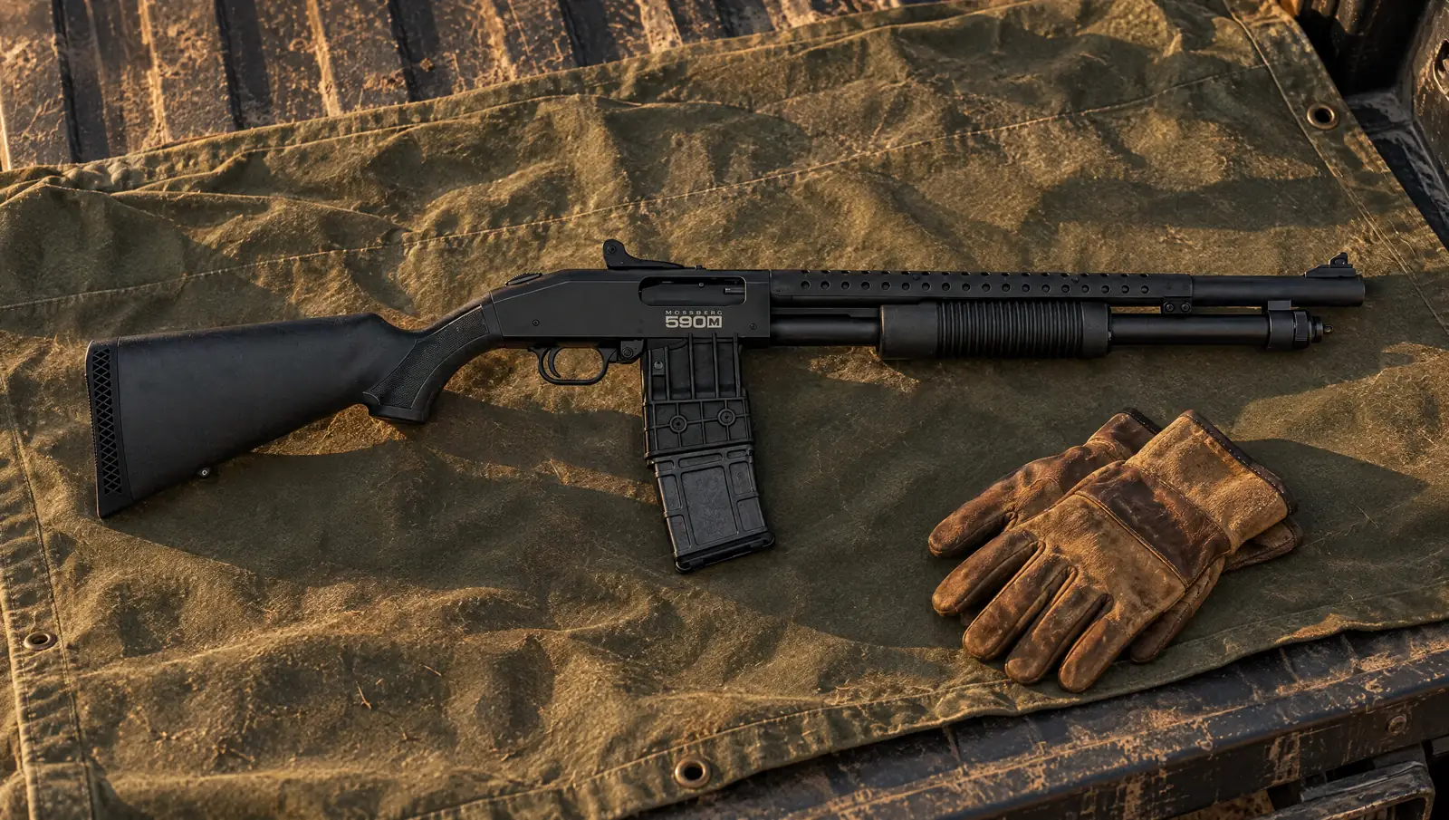 Mossberg 590M with ghost ring sights, a barrel heat shield and a 10-round magazine, lying on a canvas tarp in a truck bed beside leather work gloves