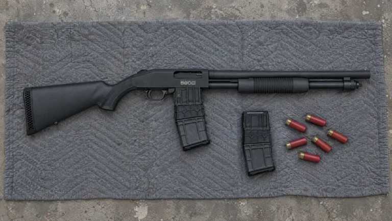 Mossberg 590M Mag-Fed 12 gauge pump shotgun with a 10-round box magazine and bead sight, lying on a moving blanket on a garage floor beside a spare magazine and red shotshells