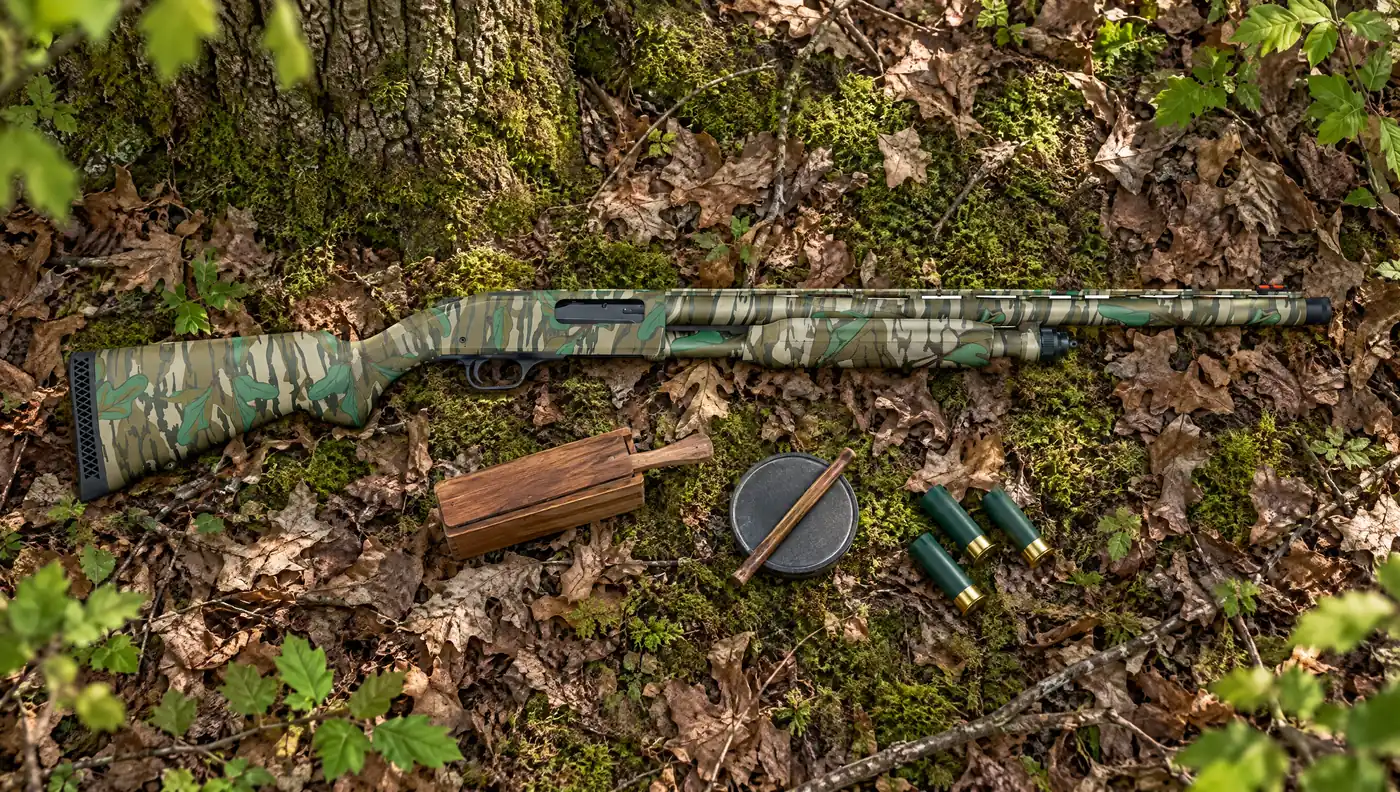 Mossberg 835 Ulti-Mag Turkey 12 gauge pump shotgun in Mossy Oak Greenleaf camo with a 24 inch vent rib barrel and extended turkey choke lying on oak leaves and moss beside a box call, a slate call and three shotgun shells