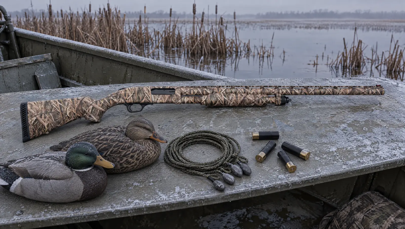 Mossberg 835 Ulti-Mag Waterfowl 12 gauge pump shotgun in marsh grass camo with a 28 inch vent rib barrel lying on the frosted bench of a duck boat beside two mallard decoys, decoy cord and shotgun shells
