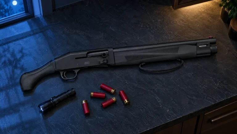 Mossberg 990 AfterShock 12 gauge with a 14.75 in. barrel, bird's head grip and strapped forend lying on a slate kitchen counter at night beside a flashlight and red shotgun shells