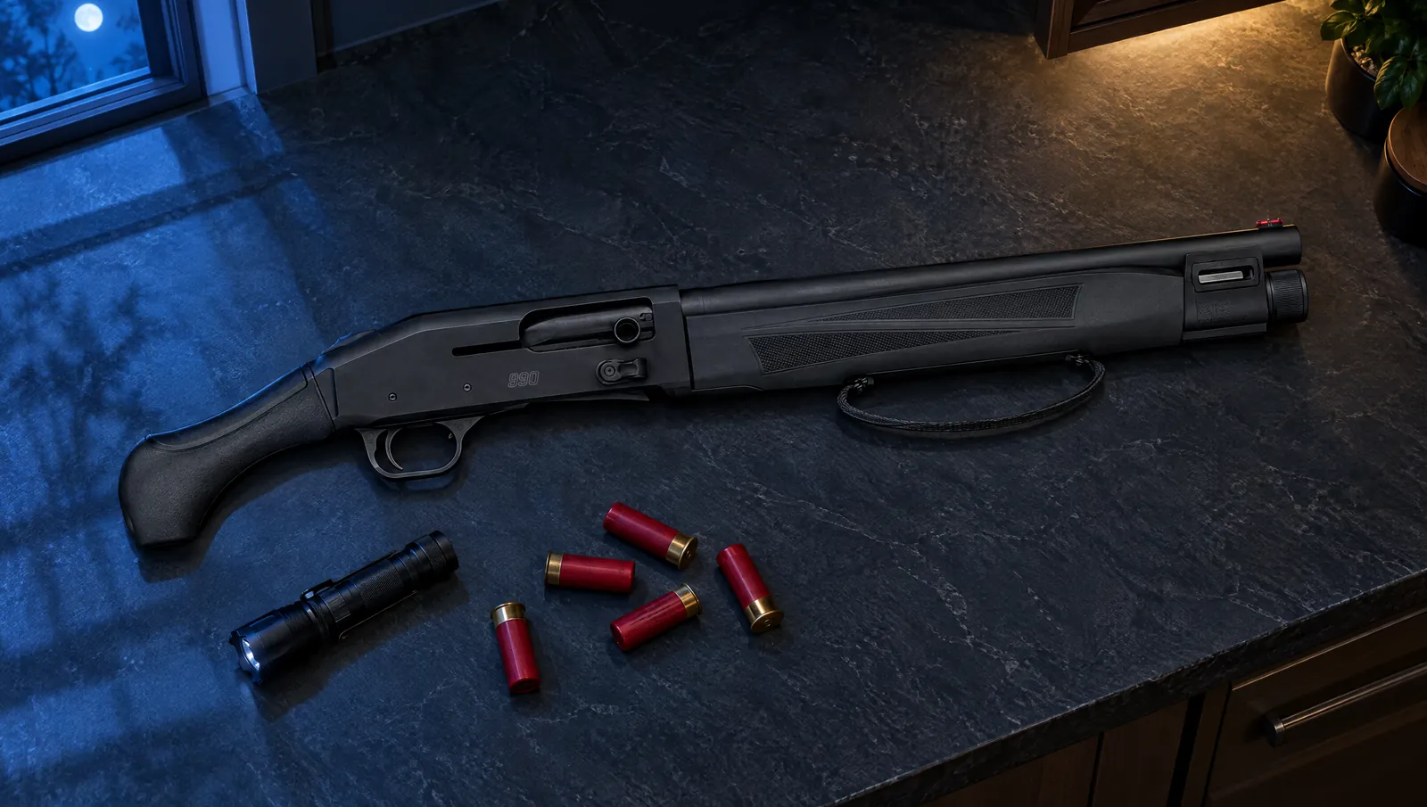 Mossberg 990 AfterShock 12 gauge with a 14.75 in. barrel, bird's head grip and strapped forend lying on a slate kitchen counter at night beside a flashlight and red shotgun shells
