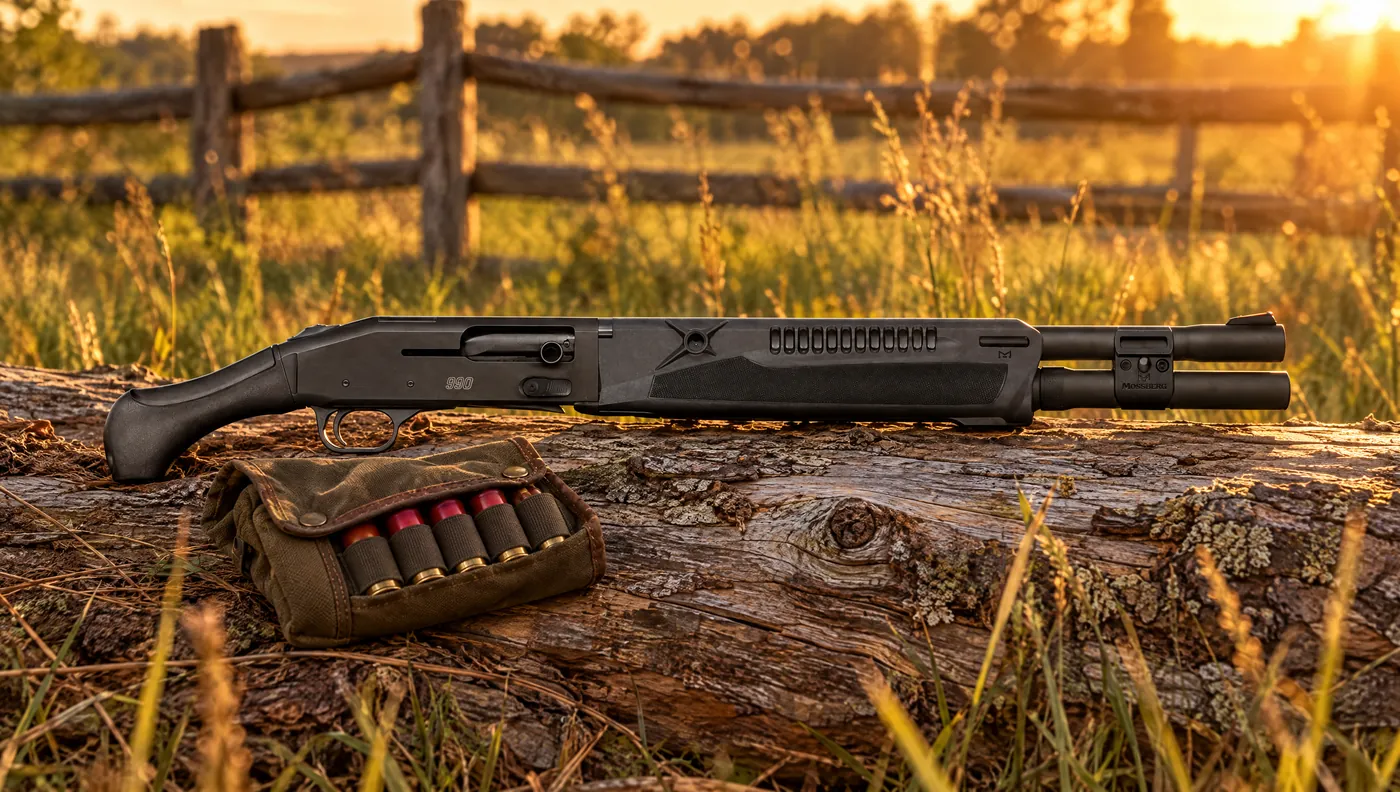 Mossberg 990 AfterShock SPX with an 18.5 in. barrel and heat shield forend lying on a pine log at sunset beside a canvas shell pouch, split-rail fence behind