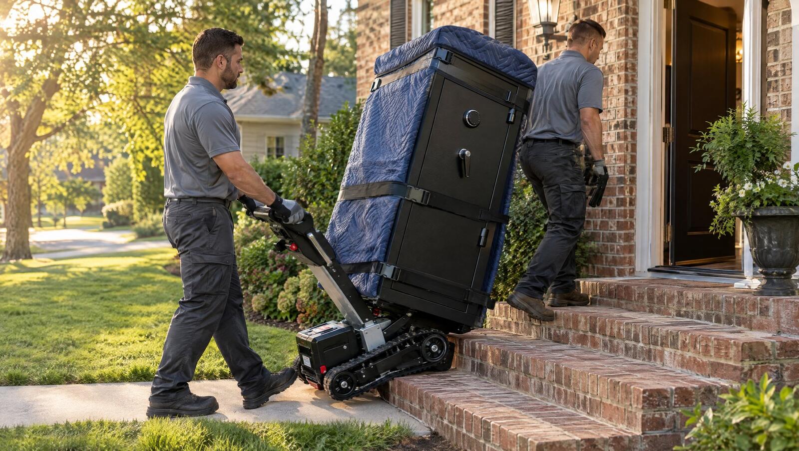 Two movers using a stair-climbing hand truck to carry a blanket-wrapped gun safe up porch steps