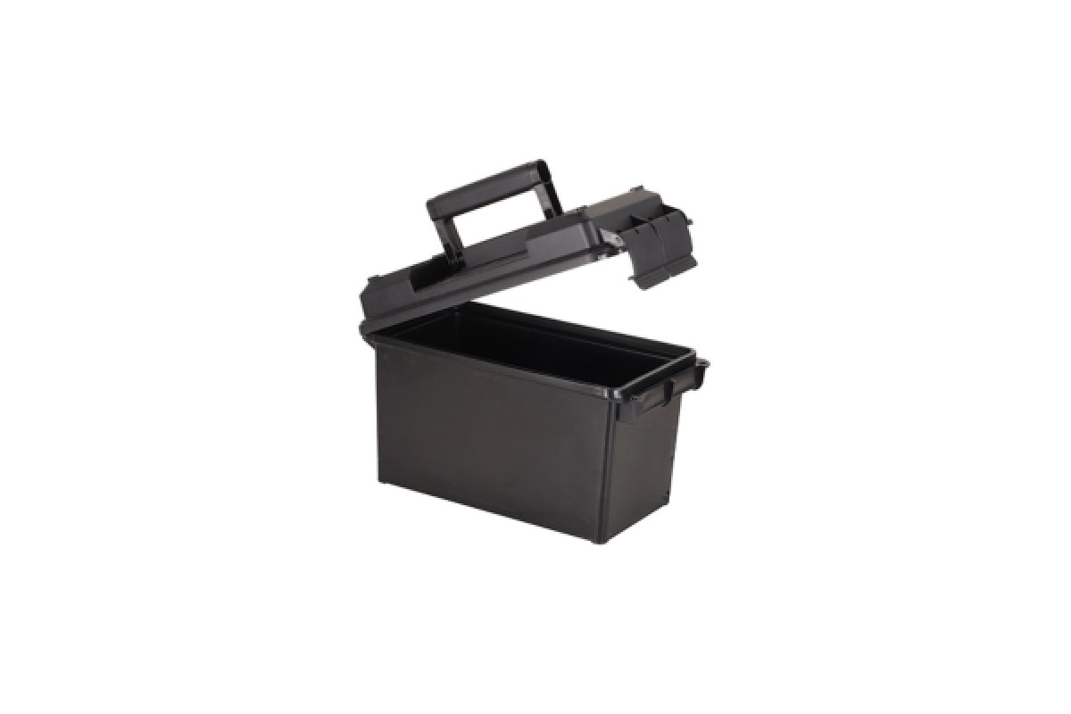 Black MTM 50 caliber polymer ammo can with the lid open