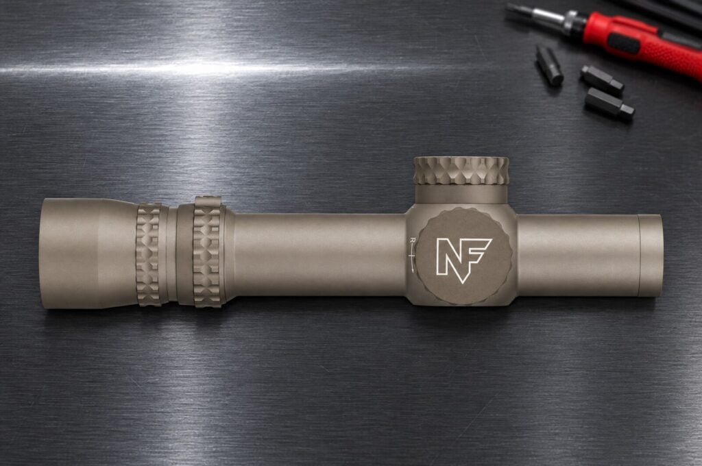 Dark Earth Nightforce NX8 1-8 power capped low power variable scope on a brushed steel tool chest