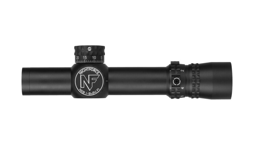 Nightforce NX8 1-8 power first focal plane scope with ZeroStop elevation turret seen from the side