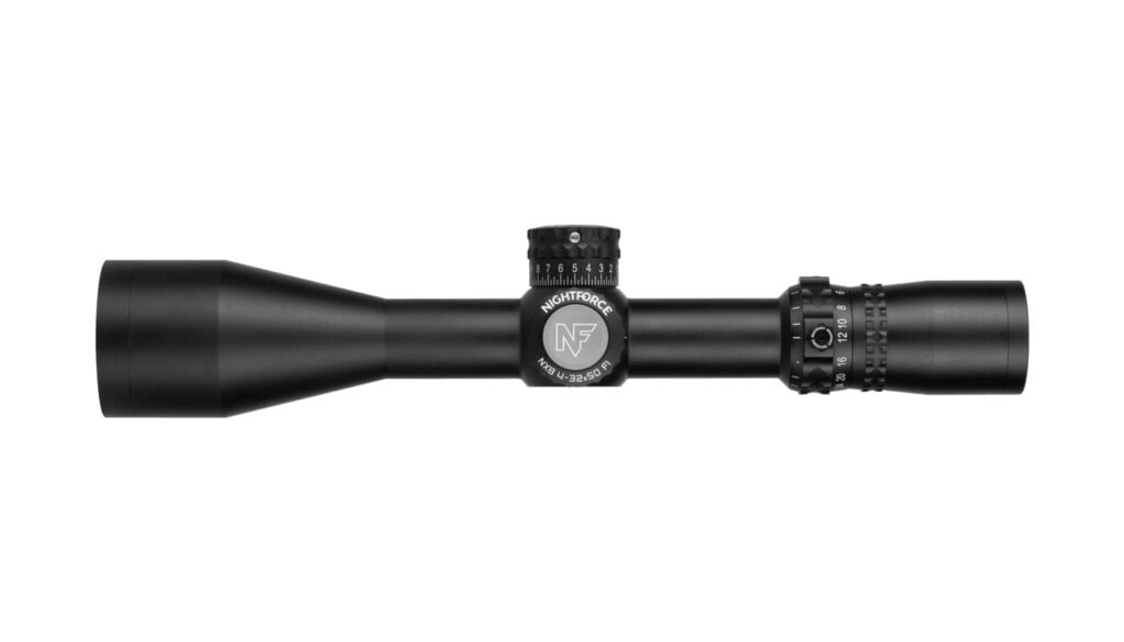 Nightforce NX8 4-32 power first focal plane scope seen from the parallax and illumination side