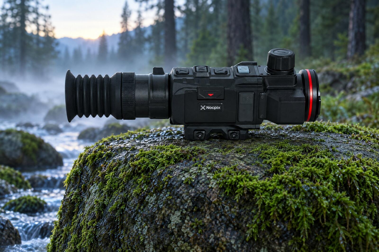 Nocpix Rico 3 H50R, the newest iRay Rico thermal weapon sight, resting on a mossy granite boulder beside a creek at dawn