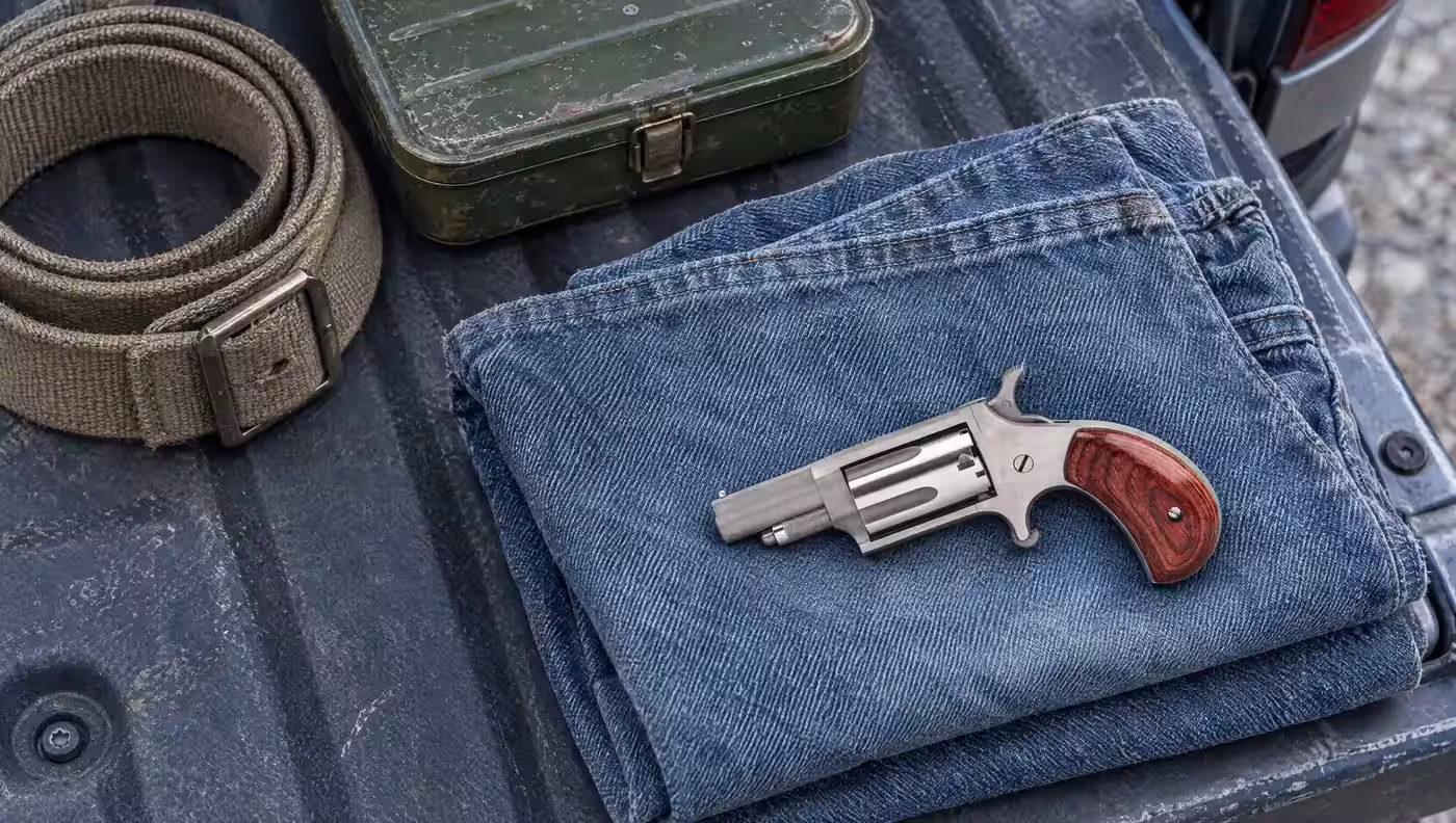 Left side of a stainless North American Arms Mini Revolver lying on folded blue jeans on a truck tailgate beside a canvas belt and a tackle box