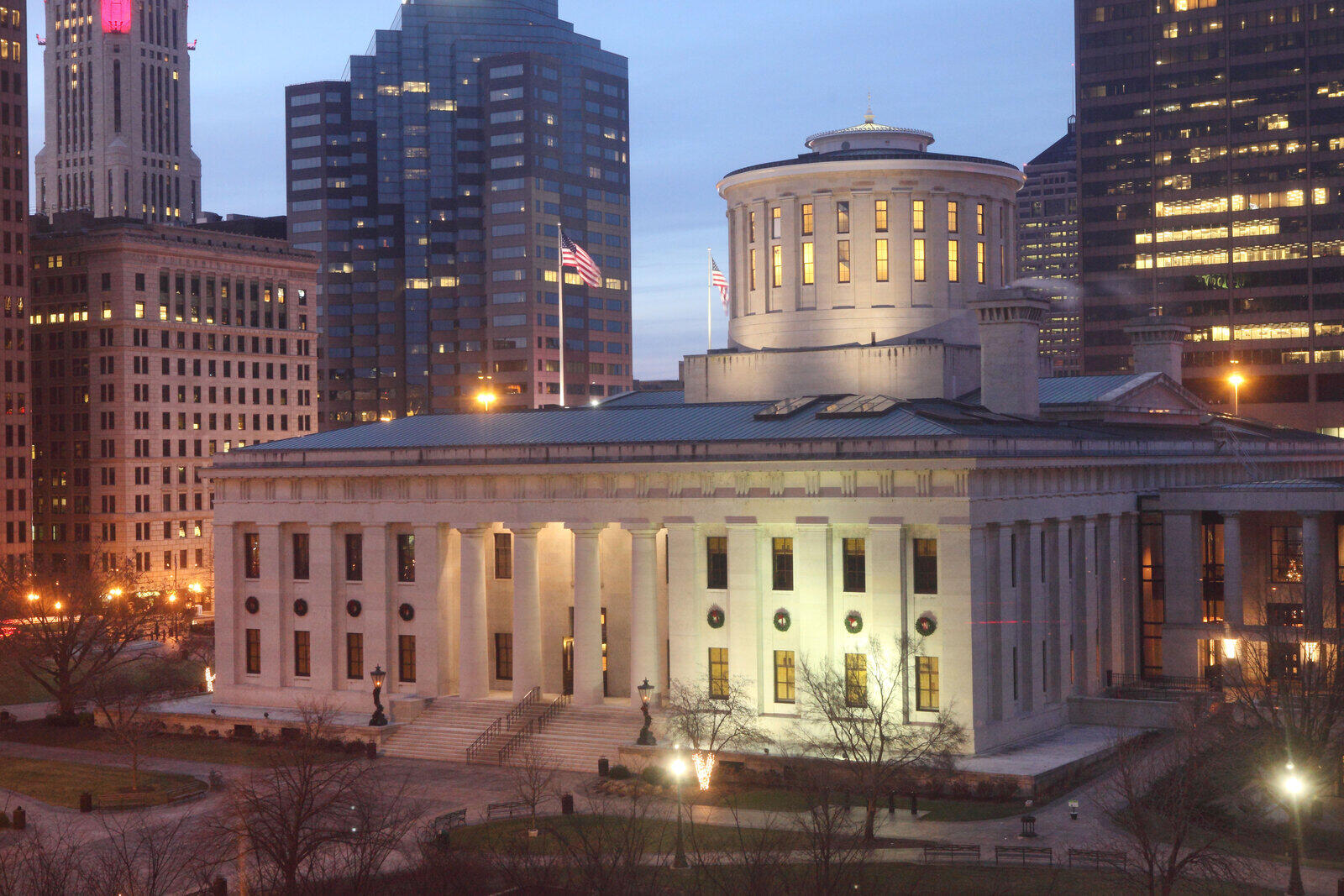 The Ohio Statehouse in Columbus at dusk, where lawmakers would have to change the state suppressor and SBR law