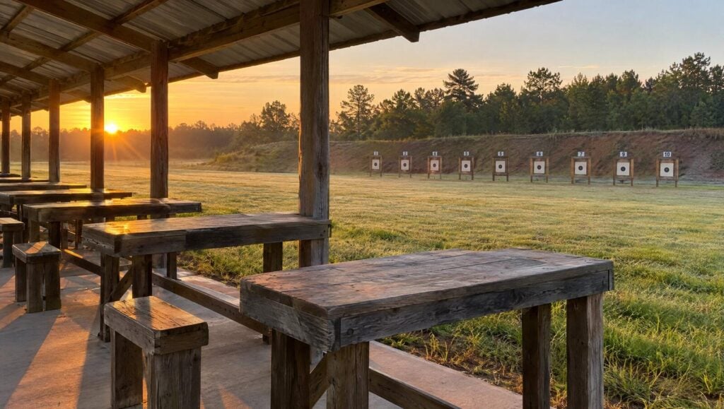 Covered wooden shooting benches at an outdoor rifle range with target frames on a grassy field at sunrise