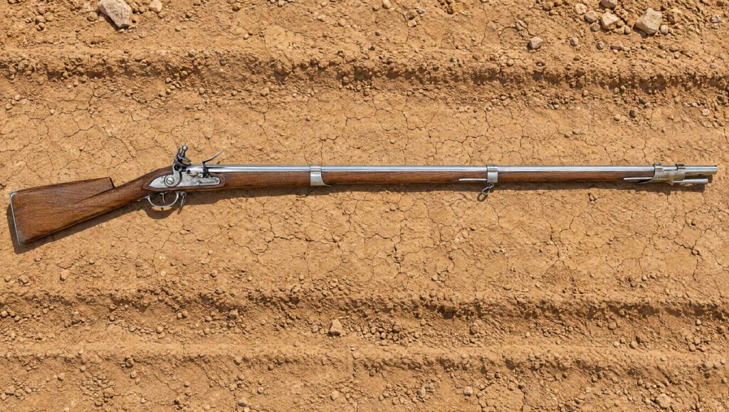 Pedersoli 1766 Charleville flintlock musket lying flat on the cracked clay of a dry road with wagon ruts at noon