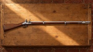 Pedersoli 1816 Harpers Ferry flintlock musket lying flat on a pine crate in a brick armory workshop