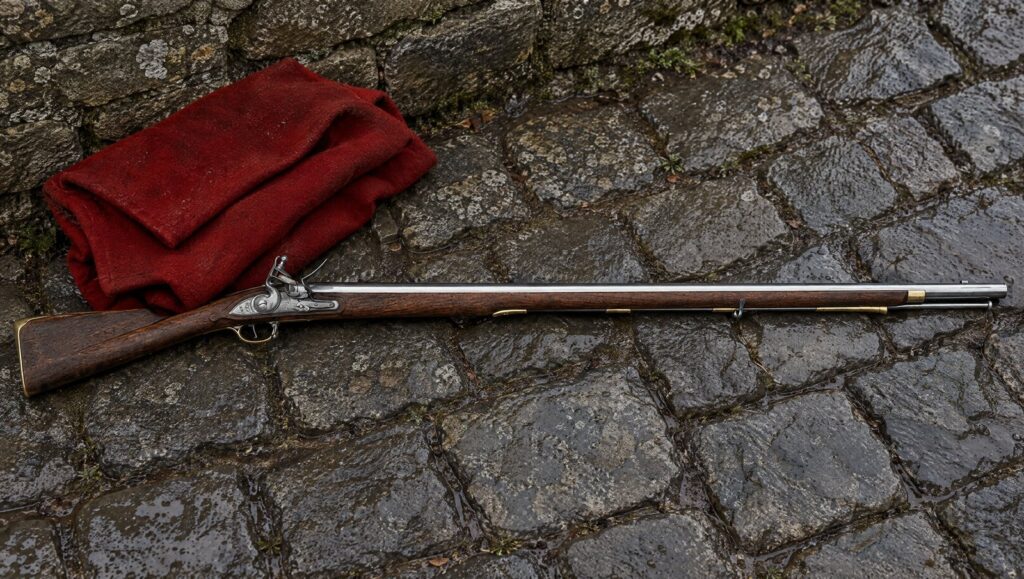 Pedersoli Brown Bess flintlock musket on wet cobblestones beside a folded red wool coat