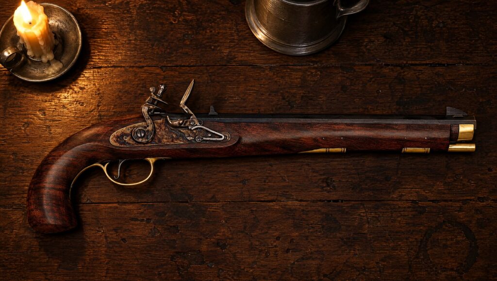 Pedersoli Kentucky flintlock pistol lying flat on an oak tavern table lit by a candle