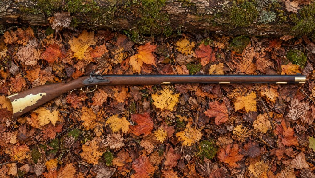Pedersoli Kentucky flintlock rifle lying on autumn leaves beside a mossy log