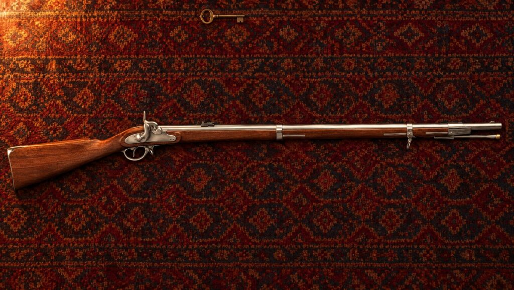 Pedersoli Lorenz percussion rifle-musket with a cheekpiece stock lying flat on a crimson and navy wool carpet in lamplight