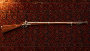 Pedersoli Lorenz percussion rifle-musket with a cheekpiece stock lying flat on a crimson and navy wool carpet in lamplight