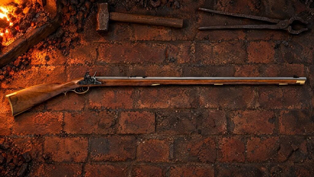 Pedersoli Pennsylvania flintlock long rifle lying flat on the brick floor of a forge beside a hammer and tongs