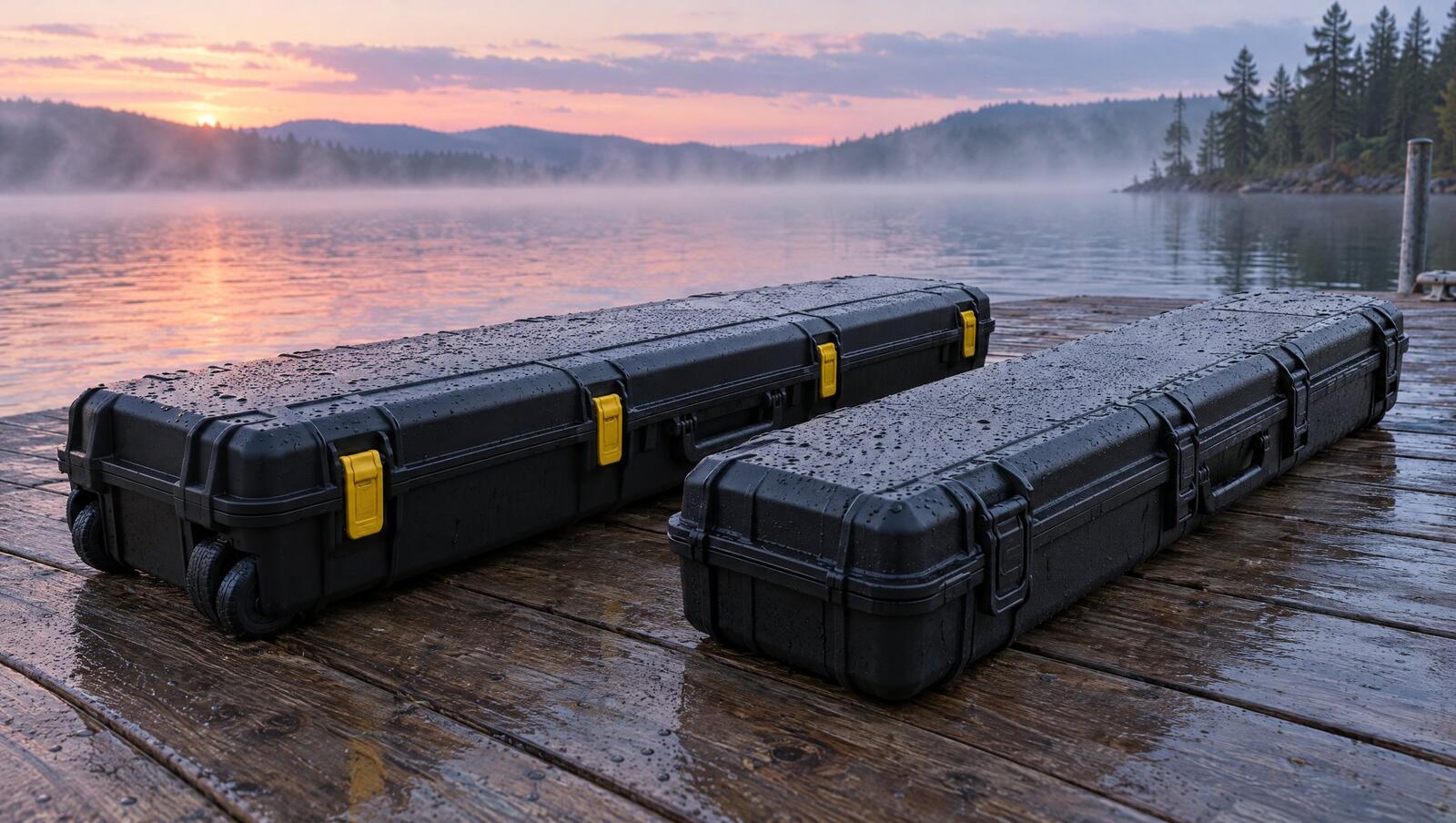 Two closed black hard rifle cases with water droplets on a wooden dock at dawn