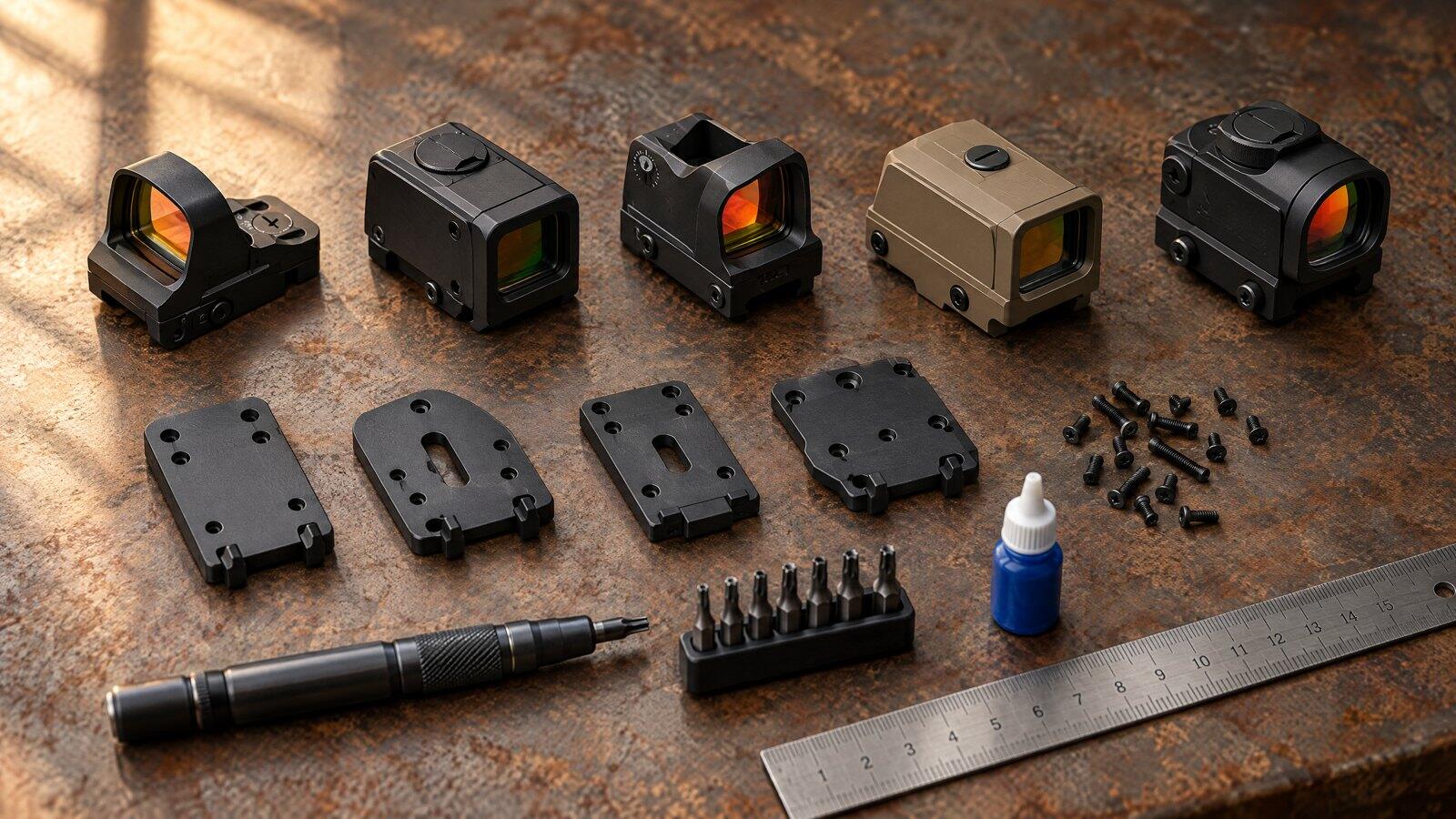 Five pistol red dot sights, four optic adapter plates, mounting screws, a torque driver and blue thread locker on a rusty steel workbench