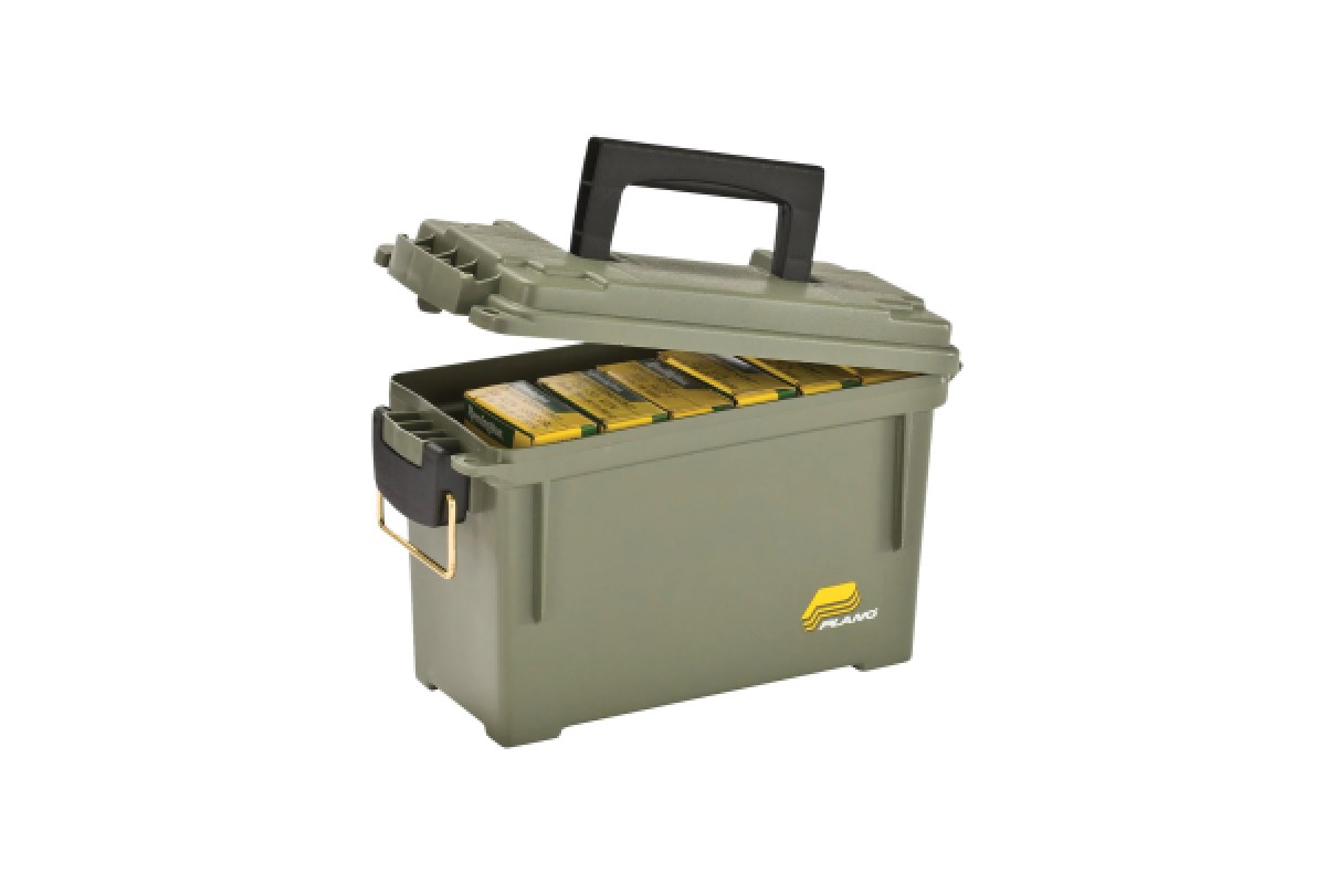 Open OD green Plano Element-Proof field ammo box holding boxes of ammunition
