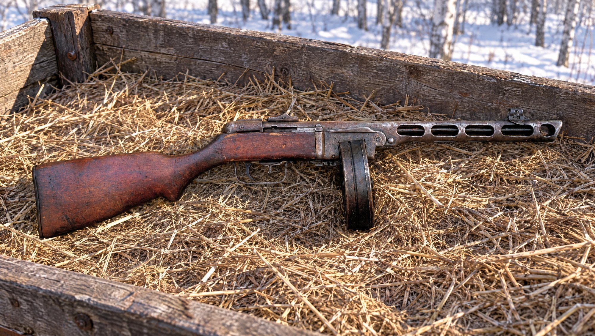 PPSh-41 submachine gun with drum magazine resting on straw in a wooden cart