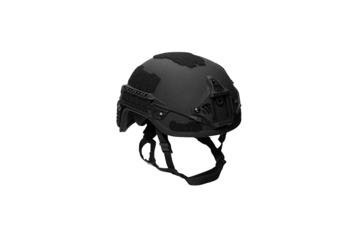 Premier Body Armor Fortis ballistic helmet in black with side rails and front shroud