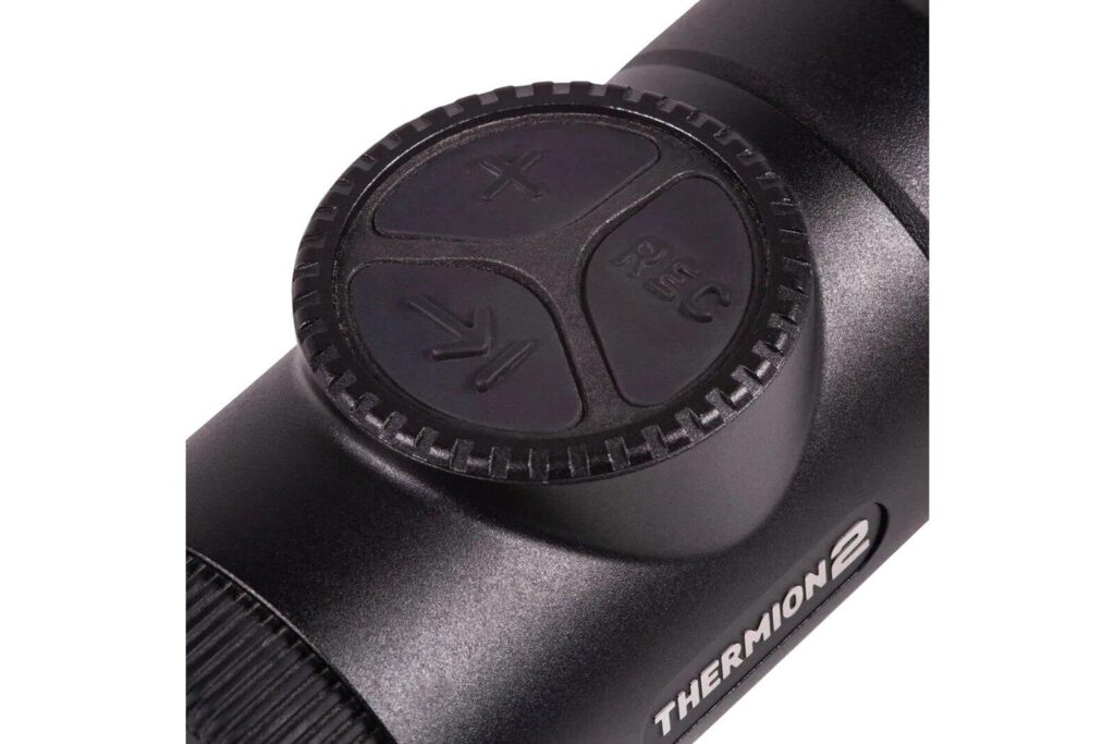 Close-up of the Pulsar Thermion 2 eyepiece control buttons and Thermion 2 lettering