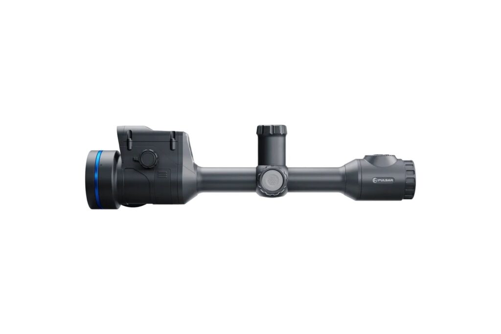 Side view of the Pulsar Thermion 2 LRF 60 mm series riflescope body with its rangefinder housing