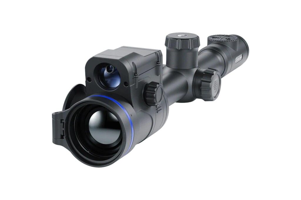 Pulsar Thermion 2 LRF XG50 thermal riflescope seen from the objective end with its laser rangefinder